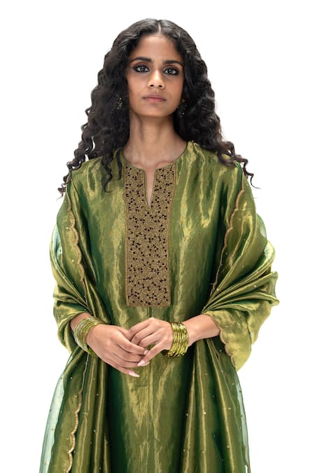 Shop_Mimamsaa_Emerald Green Tissue, Silk Embroidery, Sequins Tania Handwoven And Kurta Set _Online_at_Aza_Fashions