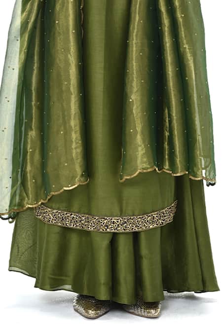 Mimamsaa_Emerald Green Tissue, Silk Embroidery, Sequins Tania Handwoven And Kurta Set _at_Aza_Fashions