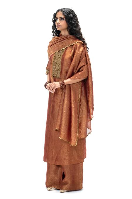 Mimamsaa_Red Tissue Embroidery, Zari, Sequins Malini Handwoven And Crushed Kurta Set _Online_at_Aza_Fashions