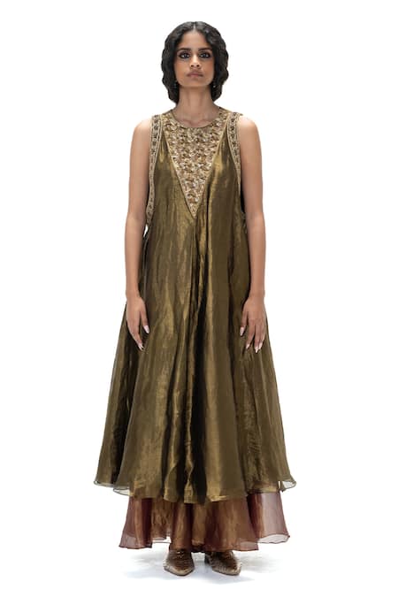 Mimamsaa_Charcoal Tissue, Silk Sequins, Beads V-neck Ismat Handwoven Kurta Set _Online_at_Aza_Fashions