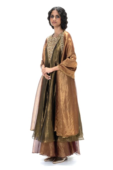 Buy_Mimamsaa_Charcoal Tissue, Silk Sequins, Beads V-neck Ismat Handwoven Kurta Set _Online_at_Aza_Fashions