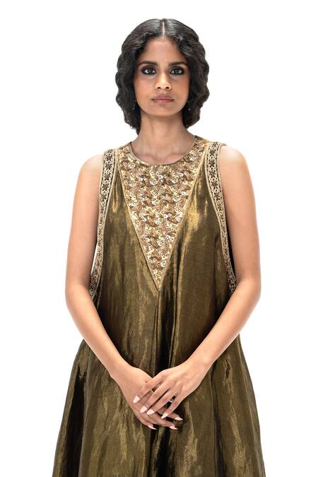 Shop_Mimamsaa_Charcoal Tissue, Silk Sequins, Beads V-neck Ismat Handwoven Kurta Set _Online_at_Aza_Fashions