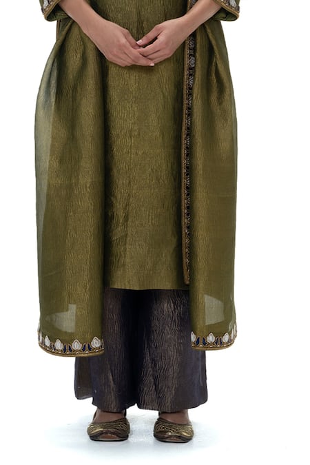 Mimamsaa_Olive Green Tissue Embroidery Round Charusita Handwoven And Crushed Kurta Set _Online_at_Aza_Fashions