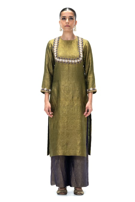 Buy_Mimamsaa_Olive Green Tissue Embroidery Round Charusita Handwoven And Crushed Kurta Set _Online_at_Aza_Fashions