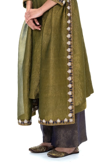 Mimamsaa_Olive Green Tissue Embroidery Round Charusita Handwoven And Crushed Kurta Set _at_Aza_Fashions