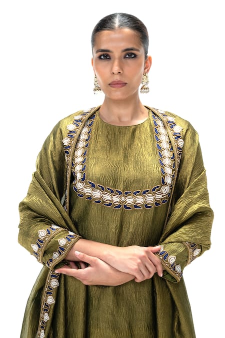 Buy_Mimamsaa_Olive Green Tissue Embroidery Round Charusita Handwoven And Crushed Kurta Set 
