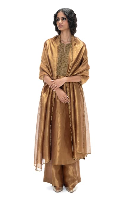 Buy_Mimamsaa_Brown Tissue, Silk Embroidery, Beads, Sequins Menaka Handwoven And Kurta Pant Set _Online_at_Aza_Fashions