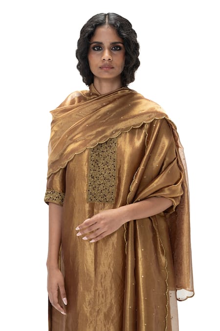 Shop_Mimamsaa_Brown Tissue, Silk Embroidery, Beads, Sequins Menaka Handwoven And Kurta Pant Set _Online_at_Aza_Fashions