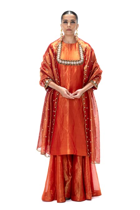Shop_Mimamsaa_Red Tissue, Silk Embroidery, Zari Round Neck Githa Handwoven And Kurta Pant Set _Online_at_Aza_Fashions