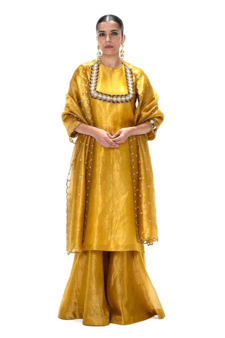 Shop Mimamsaa Mustard Tissue, Silk Embroidery, Zari, Sequins Sevanti Handwoven And Kurta Set Online at Aza Fashions Shop_Mimamsaa_Mustard Tissue, Silk Embroidery, Zari, Sequins Sevanti Handwoven And Kurta Set _Online_at_Aza_Fashions