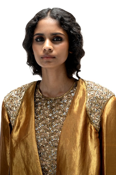 Shop_Mimamsaa_Gold Tissue, Silk Embroidery, Metallic Teesta Handwoven And Jacket Pant Set _Online_at_Aza_Fashions
