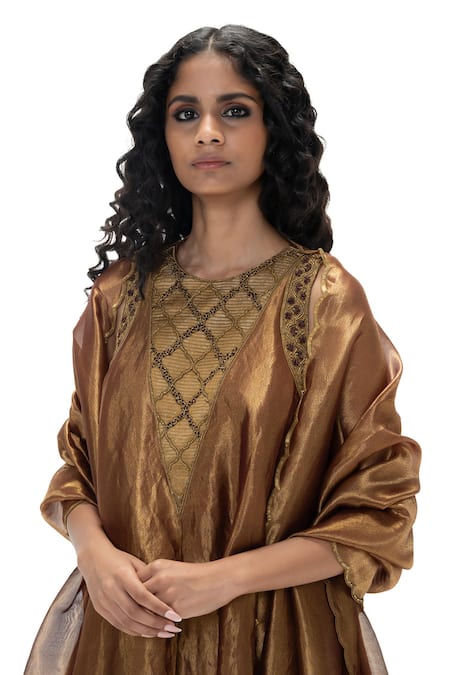 Mimamsaa_Brown Tissue, Silk Beads, Embroidery, Metallic Nita Handwoven And Kurta Set _Online_at_Aza_Fashions