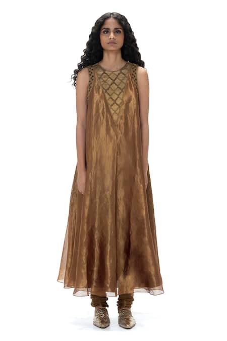 Buy_Mimamsaa_Brown Tissue, Silk Beads, Embroidery, Metallic Nita Handwoven And Kurta Set _Online_at_Aza_Fashions