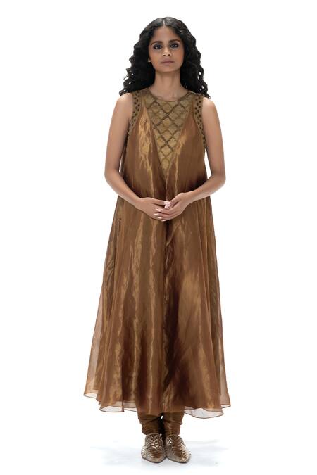 Shop_Mimamsaa_Brown Tissue, Silk Beads, Embroidery, Metallic Nita Handwoven And Kurta Set _Online_at_Aza_Fashions