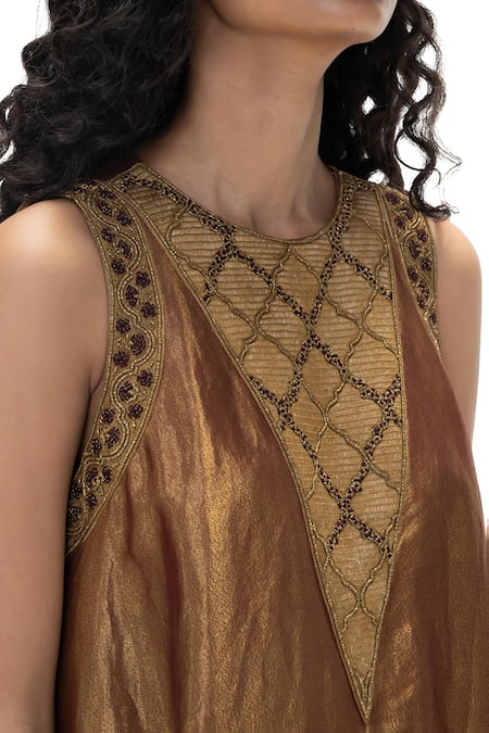 Buy_Mimamsaa_Brown Tissue, Silk Beads, Embroidery, Metallic Nita Handwoven And Kurta Set 