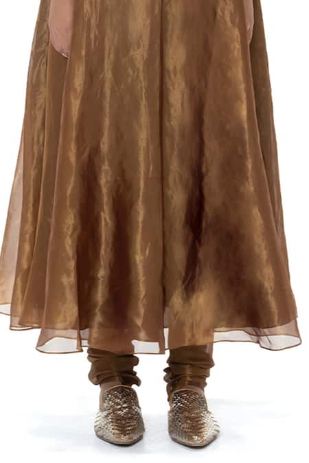 Shop_Mimamsaa_Brown Tissue, Silk Beads, Embroidery, Metallic Nita Handwoven And Kurta Set 