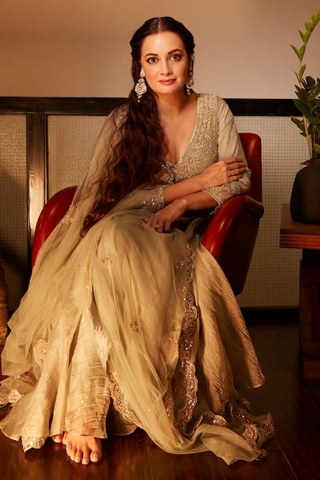 Osaa By Adarsh Green Tissue Embroidery, Metallic Thread, Sequins, Zari V-neck Crinkle Kurta Set 