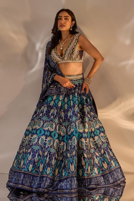 Buy_Rashika Sharma_Blue Silk, Net, Georgette Mirrors, Beads, Sequins, Agastha Printed Lehenga Set _Online_at_Aza_Fashions