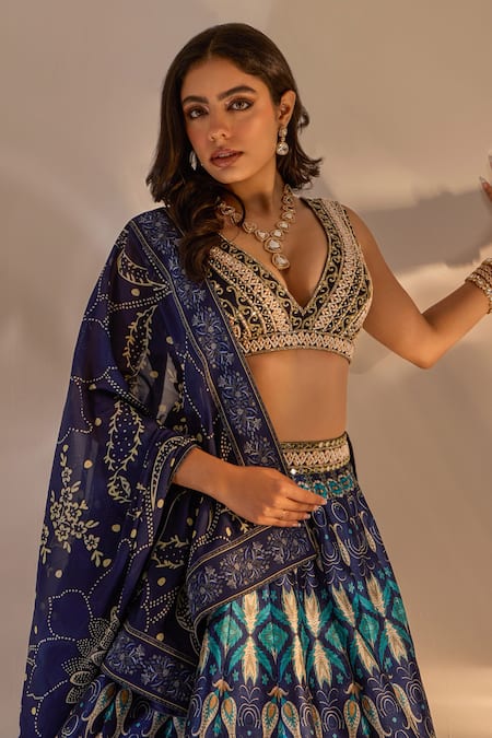Rashika Sharma_Blue Silk, Net, Georgette Mirrors, Beads, Sequins, Agastha Printed Lehenga Set _at_Aza_Fashions
