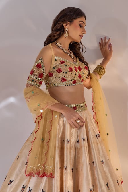 Buy_Rashika Sharma_Beige Silk, Net Beads, Mirrors, Zari, Embroidery, Sona Floral Print Lehenga Set _Online_at_Aza_Fashions