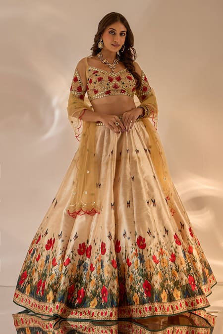 Shop_Rashika Sharma_Beige Silk, Net Beads, Mirrors, Zari, Embroidery, Sona Floral Print Lehenga Set _Online_at_Aza_Fashions