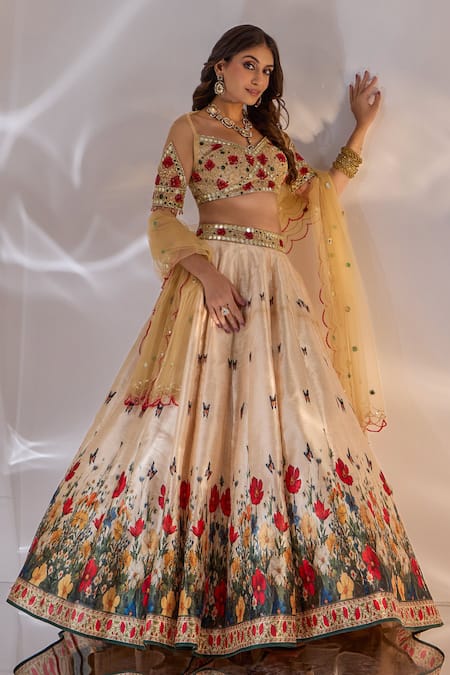 Rashika Sharma_Beige Silk, Net Beads, Mirrors, Zari, Embroidery, Sona Floral Print Lehenga Set _at_Aza_Fashions