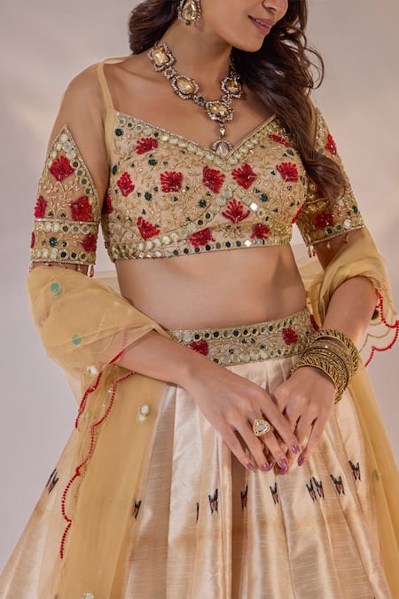Shop_Rashika Sharma_Beige Silk, Net Beads, Mirrors, Zari, Embroidery, Sona Floral Print Lehenga Set 