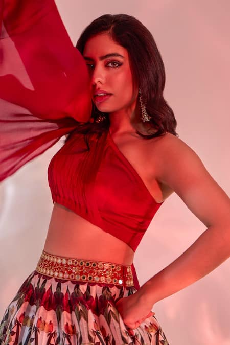 Buy_Rashika Sharma_Red Satin, Chiffon, Silk Embroidery, Kairah Draped Blouse And Printed Lehenga _Online_at_Aza_Fashions