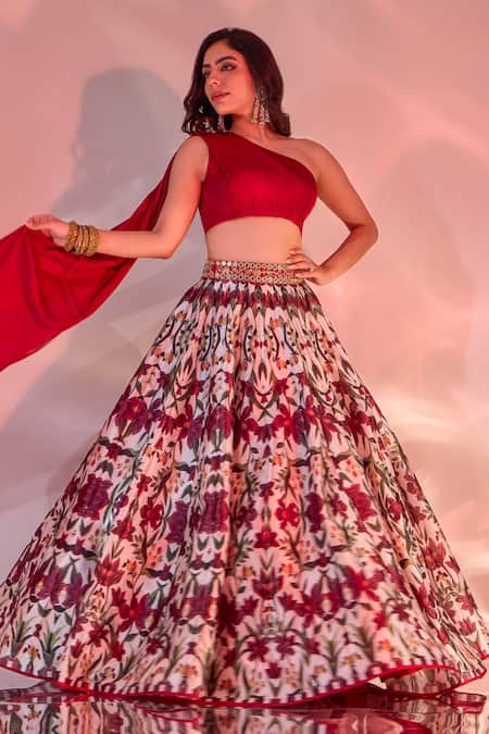 Rashika Sharma_Red Satin, Chiffon, Silk Embroidery, Kairah Draped Blouse And Printed Lehenga _at_Aza_Fashions