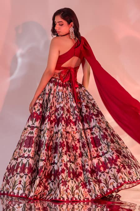 Buy_Rashika Sharma_Red Satin, Chiffon, Silk Embroidery, Kairah Draped Blouse And Printed Lehenga 