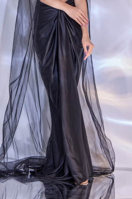 Buy_Rashika Sharma_Black Net, Satin Beads, Sequins, Jeevon Hand Embellished Cape And Draped Skirt Set _Online_at_Aza_Fashions