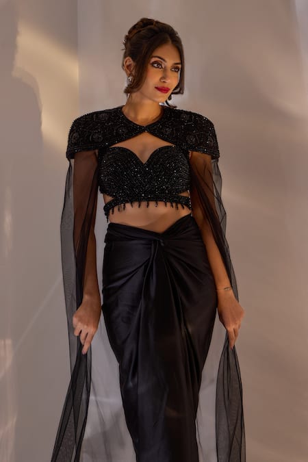 Rashika Sharma_Black Net, Satin Beads, Sequins, Jeevon Hand Embellished Cape And Draped Skirt Set _at_Aza_Fashions