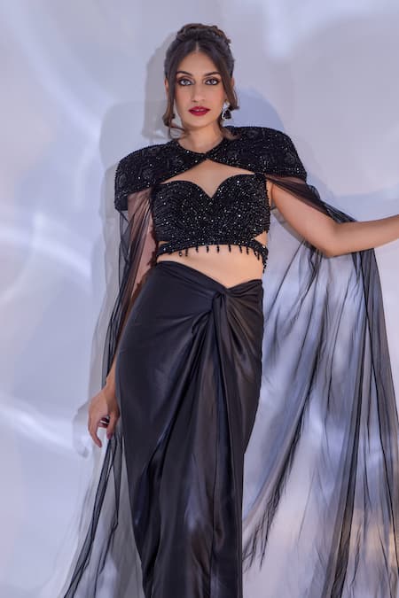 Buy_Rashika Sharma_Black Net, Satin Beads, Sequins, Jeevon Hand Embellished Cape And Draped Skirt Set 