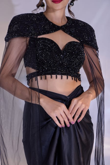 Shop_Rashika Sharma_Black Net, Satin Beads, Sequins, Jeevon Hand Embellished Cape And Draped Skirt Set 