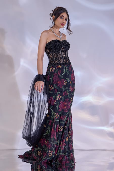 Shop_Rashika Sharma_Black Net, Chiffon Sequins, Selena Embellished Corset And Floral Mermaid Skirt Set _Online_at_Aza_Fashions