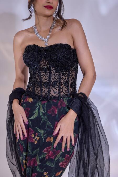 Shop_Rashika Sharma_Black Net, Chiffon Sequins, Selena Embellished Corset And Floral Mermaid Skirt Set 