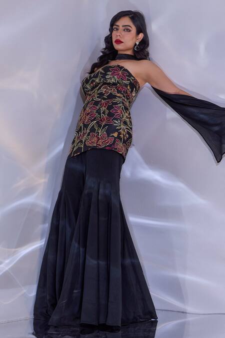 Buy_Rashika Sharma_Black Silk, Satin, Chiffon Embroidery, Beads, Tiya Floral Top Sharara Set _Online_at_Aza_Fashions