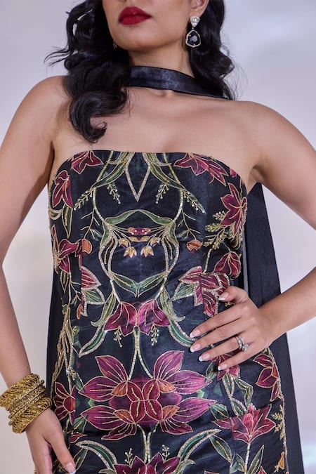 Buy_Rashika Sharma_Black Silk, Satin, Chiffon Embroidery, Beads, Tiya Floral Top Sharara Set 