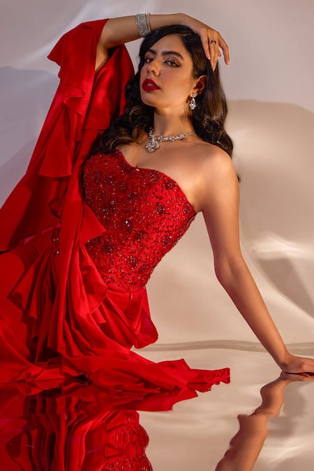 Shop_Rashika Sharma_Red Georgette Beads, Scarlett Pre-draped Saree With Hand Embellished Corset _Online_at_Aza_Fashions