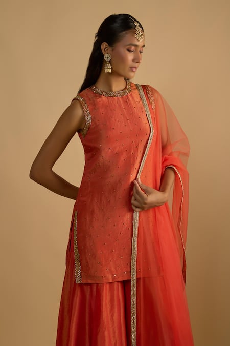 Buy_RAYASHA KHAN_Orange Silk, Tissue, Organza Crystals, Dahlia Cutdana Kurta Gharara Set _Online_at_Aza_Fashions