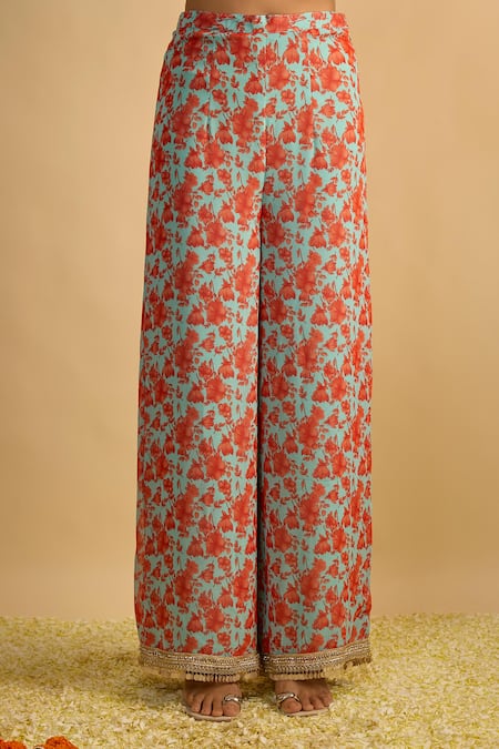 RAYASHA KHAN_Blue Georgette, Organza Embroidery, Morning Glory Floral Printed Kurta Set _Online_at_Aza_Fashions