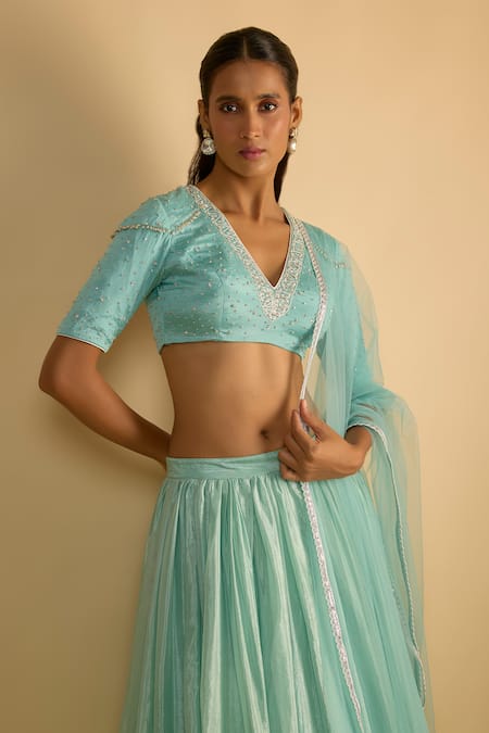 RAYASHA KHAN_Blue Silk, Net Cut Work V-neck Bluebells Crystal Chiffon Lehenga Set _Online_at_Aza_Fashions