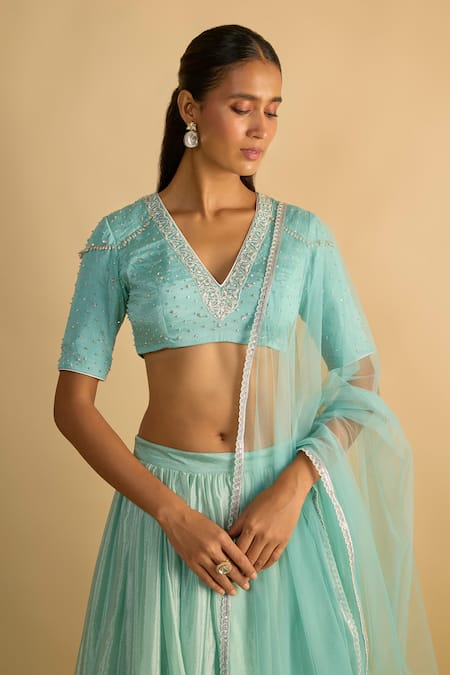 Buy_RAYASHA KHAN_Blue Silk, Net Cut Work V-neck Bluebells Crystal Chiffon Lehenga Set _Online_at_Aza_Fashions