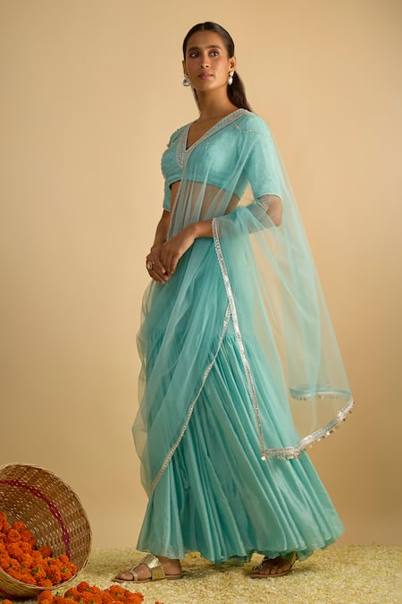 RAYASHA KHAN_Blue Silk, Chiffon, Net Beads, Embroidery, Sequins V-neck Larkspur Gharara Set _Online_at_Aza_Fashions