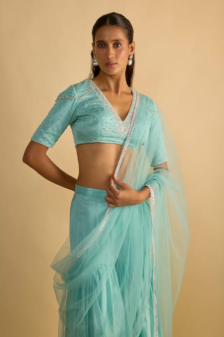 Buy_RAYASHA KHAN_Blue Silk, Chiffon, Net Beads, Embroidery, Sequins V-neck Larkspur Gharara Set _Online_at_Aza_Fashions