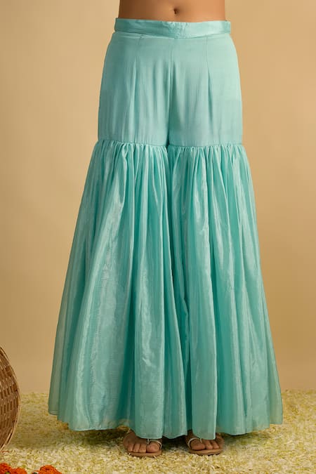 Shop_RAYASHA KHAN_Blue Silk, Chiffon, Net Beads, Embroidery, Sequins V-neck Larkspur Gharara Set _Online_at_Aza_Fashions