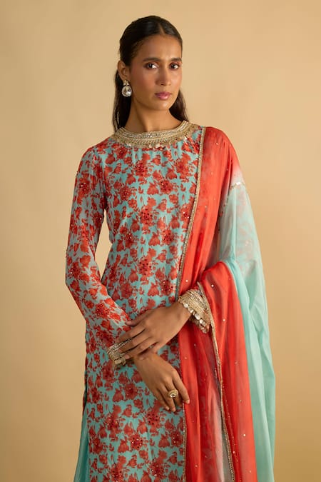 RAYASHA KHAN_Blue Georgette, Silk, Chiffon, Organza Star Floral Printed Kurta Gharara Set _Online_at_Aza_Fashions