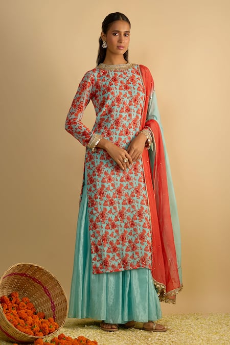 RAYASHA KHAN Blue Star Floral Printed Kurta Gharara Set 