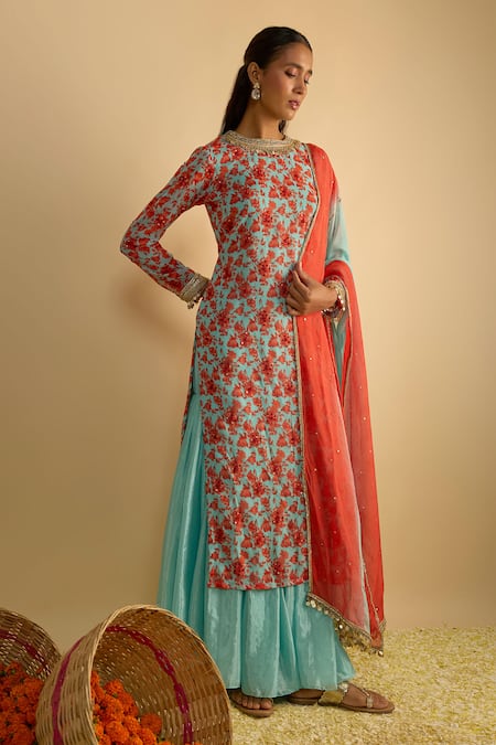 Buy_RAYASHA KHAN_Blue Georgette, Silk, Chiffon, Organza Star Floral Printed Kurta Gharara Set _Online_at_Aza_Fashions