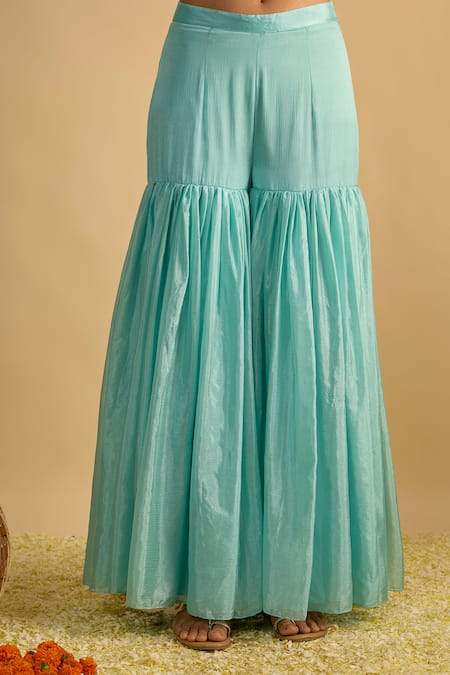 Shop_RAYASHA KHAN_Blue Georgette, Silk, Chiffon, Organza Star Floral Printed Kurta Gharara Set _Online_at_Aza_Fashions